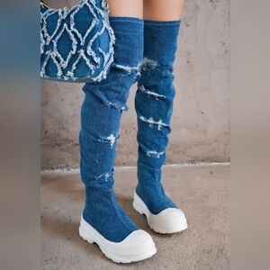 Cape Robbin Distressed Denim Blue Over-the-Knee Sock Boots with White Platform